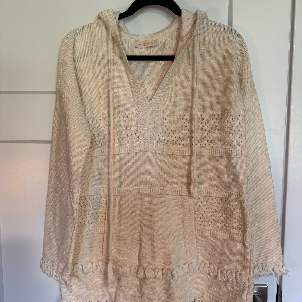 Tory Burch Hooded Fringe sweater in cream Medium
